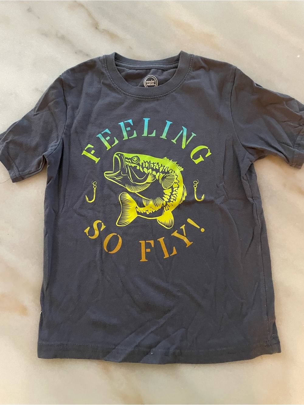wonder nation Navy Tee with Neon Yellow-Green Fish Graphic